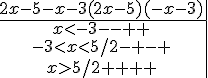 \begin{array}{c|ccc|c}  2x-5  -x-3   (2x-5)(-x-3) \\ \hline x<-3  -  -  +  + \\ -3<x<5/2  -  +  -  + \\ x>5/2  +  +  +  + \end{array}